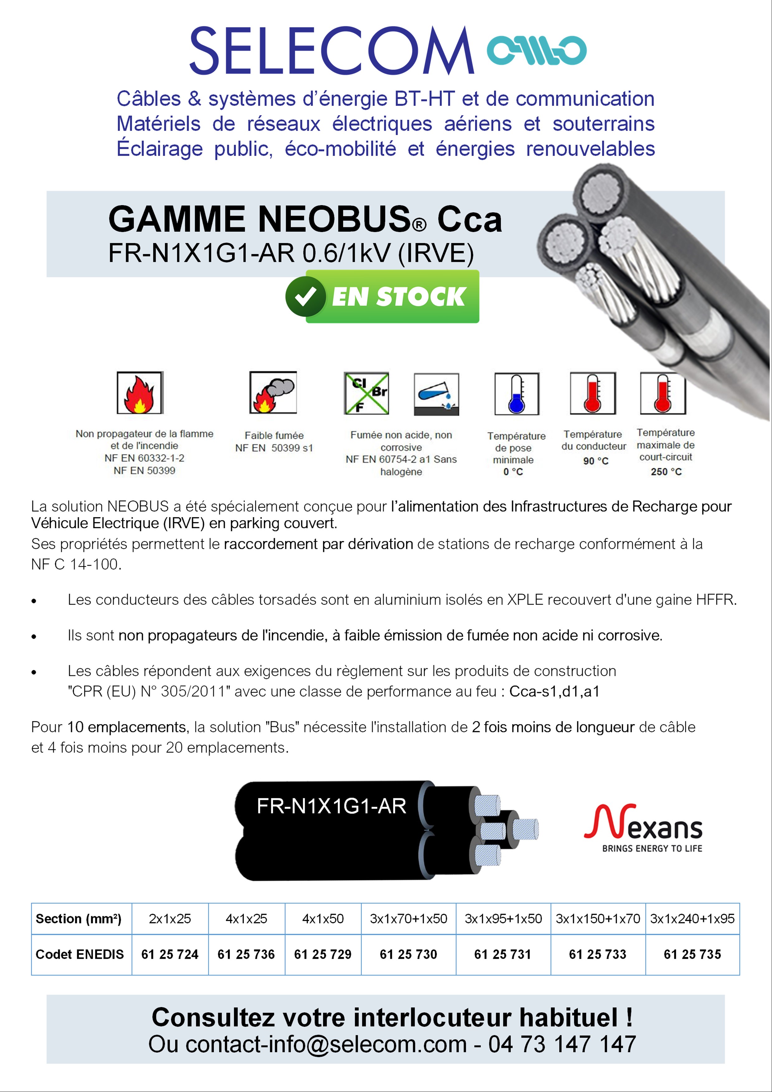 La solution NEOBUS a été spécialement conçue pour l’alimentation des Infrastructures de Recharge pour Véhicule Electrique (IRVE) en parking couvert.  Ses propriétés permettent le raccordement par dérivation de stations de recharge conformément à la  NF C 14-100.  Les conducteurs des câbles torsadés sont en aluminium isolés en XPLE recouvert d'une gaine HFFR.   Ils sont non propagateurs de l'incendie, à faible émission de fumée non acide ni corrosive.   Les câbles répondent aux exigences du règlement sur les produits de construction  	"CPR (EU) N° 305/2011" avec une classe de performance au feu : Cca-s1,d1,a1  Pour 10 emplacements, la solution "Bus" nécessite l'installation de 2 fois moins de longueur de câble et 4 fois moins pour 20 emplacements.
